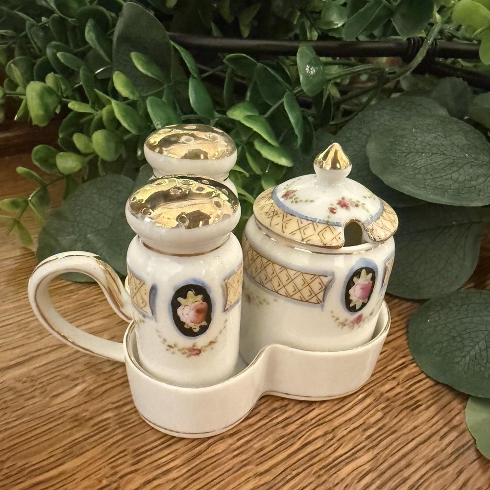 Antique Noritake Condiment Set Salt Pepper Mustard Tray Japan Floral